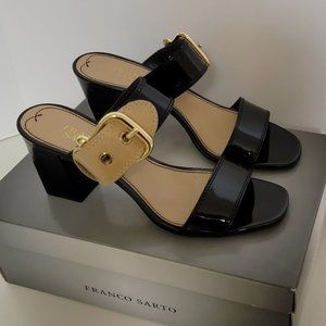 Franco Sarto Lovely Tan Black Patent Leather Slide Sandals Size 7.5 Squared Heel